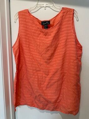 Vintage Suzelle Coral Orange 100% Silk Sheer-Striped Sleeveless Tank Top Size 16